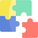 Colorful interlocking puzzle pieces in yellow, green, blue, black, and coral forming a connected shape.