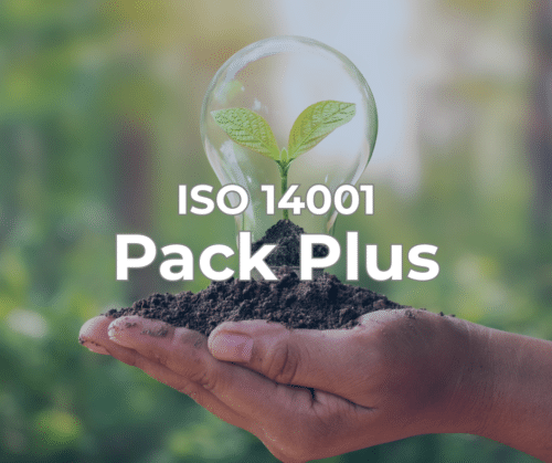 Hands cradle soil with a sprouting seedling inside a glass bulb, conveying sustainability for ISO 14001 Pack Plus.