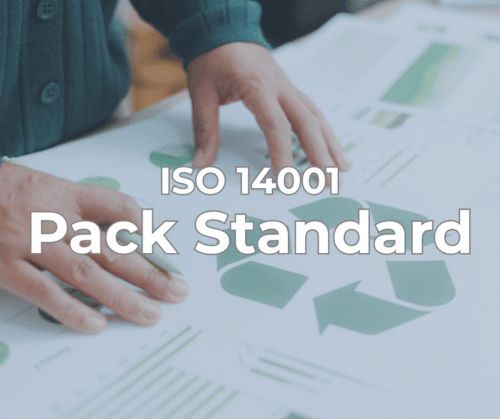 Hands place green recycling symbols on a document about ISO 14001 Pack Standard